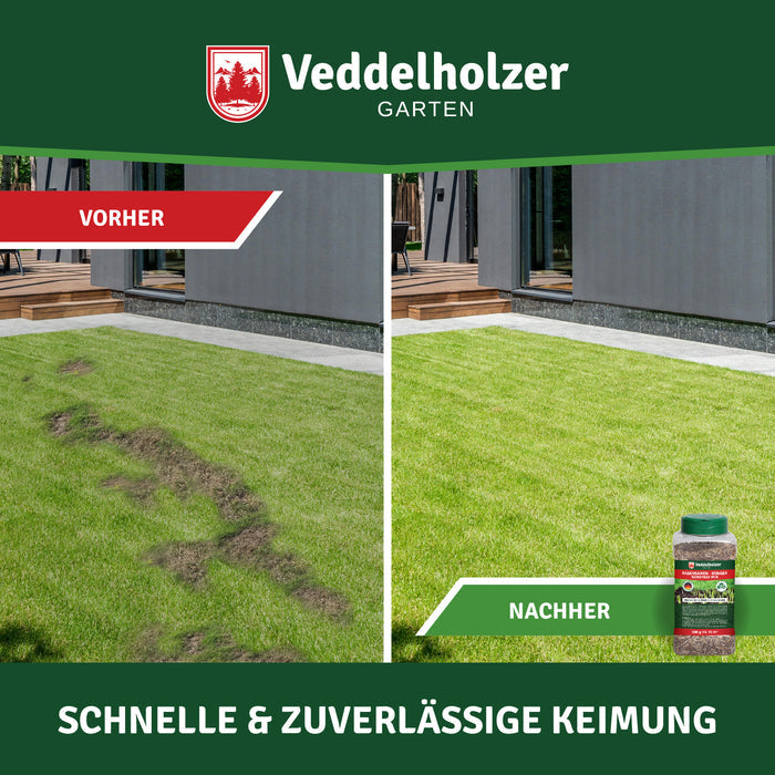 Vorher-Nachher am Haus: links eine aufgerissene kahle Stelle im Rasen, rechts geschlossene grüne Fläche – „Schnelle & zuverlässige Keimung“