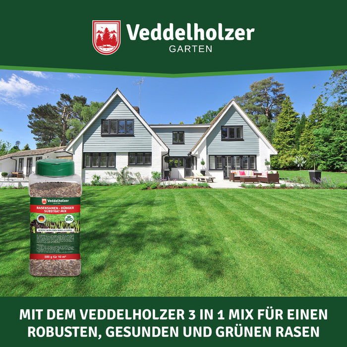 Streifig gemähter Rasen vor einem hellen Landhaus mit Terrasse, links die Streudose – „für einen robusten, gesunden und grünen Rasen“