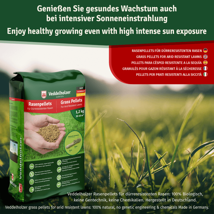 Beutel vor Grashalmen im Gegenlicht, rechts die Produktbezeichnung in fünf Sprachen mit Flaggen – „auch bei intensiver Sonneneinstrahlung“