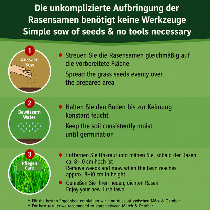 Dreistufige Anleitung mit Symbolen: Rasensamen streuen, Boden bis zur Keimung feucht halten, ab 8–10 cm mähen