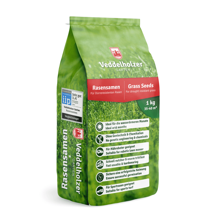 Hellgrüner Beutel „Rasensamen für dürreresistenten Rasen“, 1 kg für 35–40 m², mit iip-Siegel „Sehr gut (1,4)“ als Vergleichssieger