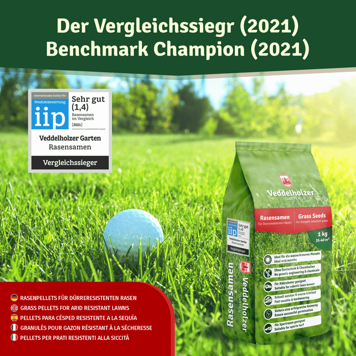 Beutel steht im hohen Gras neben einem Golfball, groß eingeblendet das iip-Prüfsiegel „Sehr gut (1,4)“ als Vergleichssieger 2021