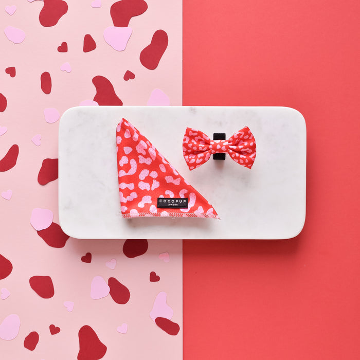 A red and pink leopard-patterned dog bandana and matching bow tie from the Cocopup London range are displayed on a white platform. The background is split, with one side pink and the other red, both featuring scattered heart cutouts. The brand label "Cocopup London" is visible on the bandana.