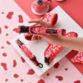Hand holding a red and pink leopard print dog collar with hearts, alongside matching pet accessories.