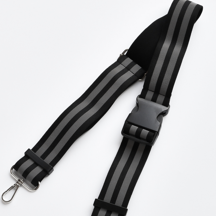 Black and gray striped adjustable strap with buckle, designed for Cocopup London bum bag.