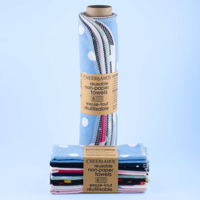 Packaged reusable non-paper towels with a blue and white polka dot design on a light blue background.