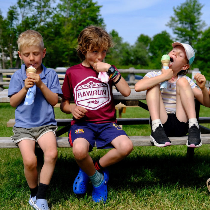 Three children sitting on a bench eating ice cream in a park with Non-Paper Towels to catch the drips