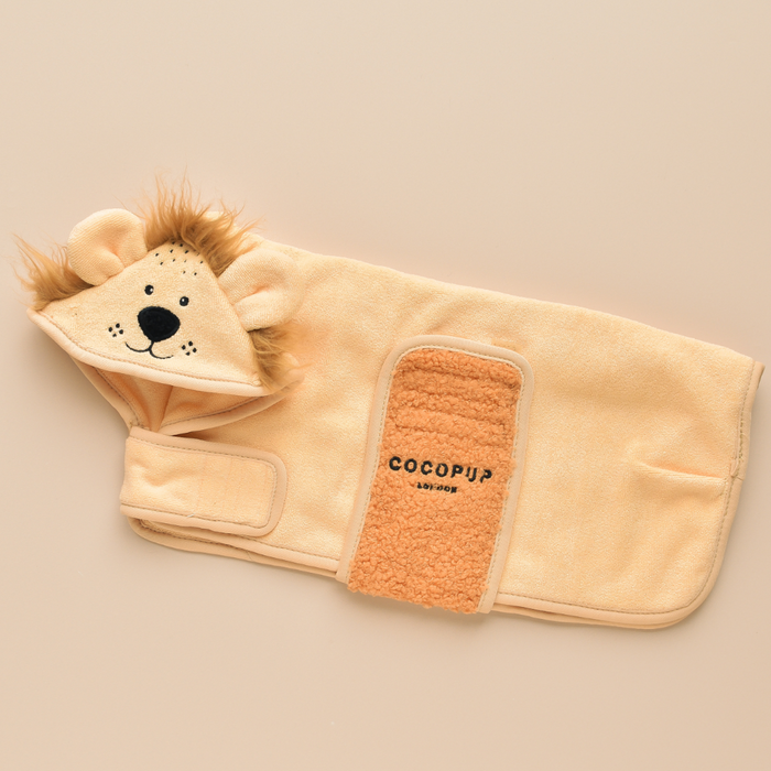Brown microfiber dog drying robe with a lion hood and faux mane from Cocopup London.