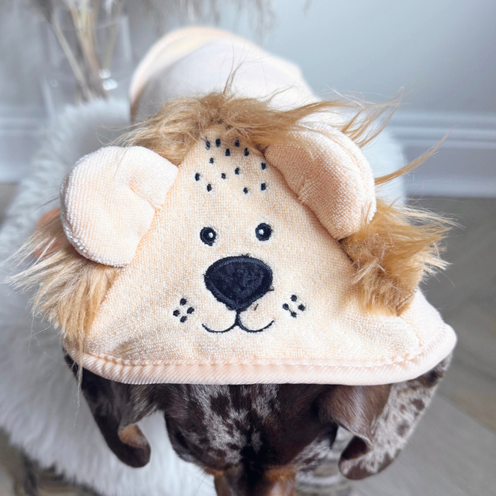 Dog indoors wearing Cocopup London lion-themed drying robe with brown mane, tan color, and floppy ears.