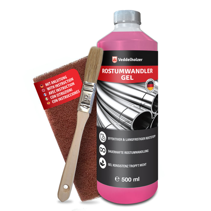 Flasche mit pinkem Rostumwandler-Gel, 500 ml, daneben brauner Schleifvlies und Holzpinsel, roter Störer „Mit Anleitung“