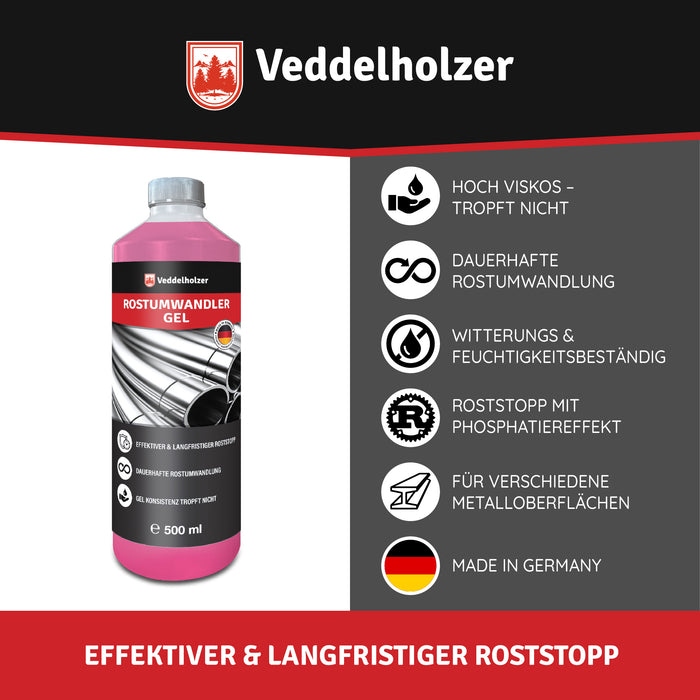 Sechs Vorteile mit Icons: hoch viskos und tropffrei, dauerhafte Rostumwandlung, witterungsbeständig, Phosphatiereffekt, Made in Germany