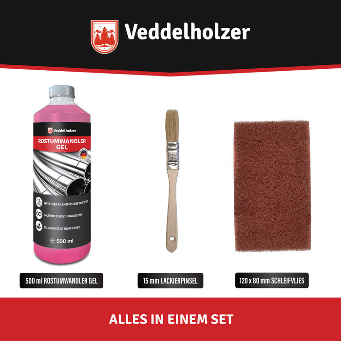 Setinhalt nebeneinander: 500-ml-Gelflasche, 15 mm Lackierpinsel und Schleifvlies 120 x 80 mm – Bildtext „Alles in einem Set“