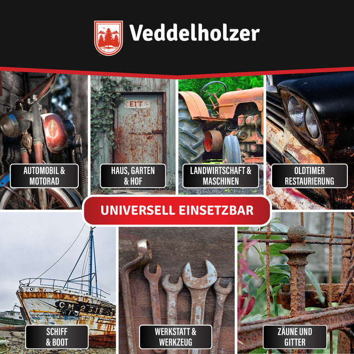 Sieben Einsatzbereiche als Fotos: Motorrad, Haus und Garten, Traktor, Oldtimer, Boot, rostiges Werkzeug und Gartenzaun