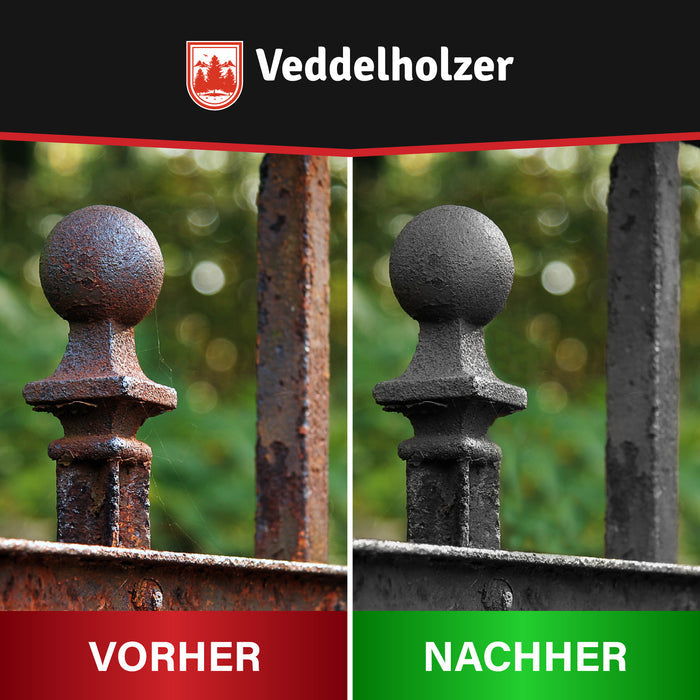 Zaunpfosten im Vergleich: links die Kugel stark verrostet, rechts dieselbe Stelle mattgrau versiegelt – „Vorher“ und „Nachher“