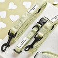 Two sage green heart-patterned Cocopup London Luxe dog leashes with black clips, on white, scattered paper hearts around.