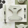 A collection of mint-colored dog accessories on a white and green background. Items include the Sage Tweed Adjustable Neck Harness, Lead, Collar, and Bandana, all featuring a herringbone pattern and labeled "Cocopup London." Explore our Lead & Collar Bundle for the perfect pet ensemble.