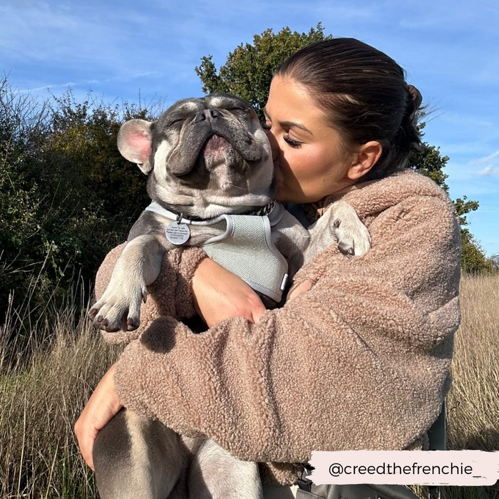 A woman lovingly kisses a gray French Bulldog on the cheek while holding it in her arms. They are outdoors in a natural setting with tall grass and trees in the background. The content dog is wearing a stylish Sage Tweed Adjustable Neck Harness from Cocopup London, and the woman is clad in a cozy fleece jacket.
