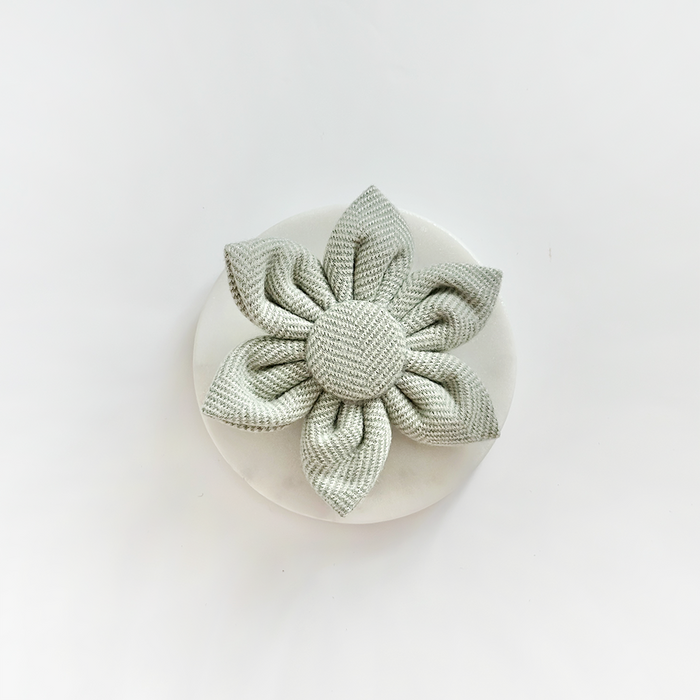 Sage green tweed dog collar flower with layered petals from Cocopup London.