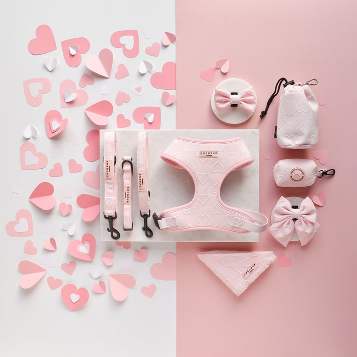 Baby pink heart-patterned Luxe Sailor Bow Tie by Cocopup London on a pink and white background.