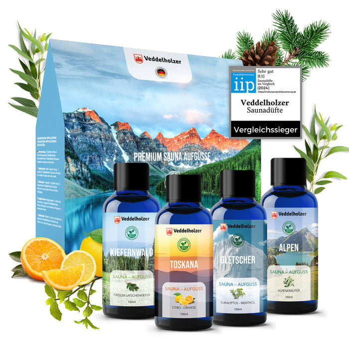 Vier blaue 100-ml-Flaschen vor der Bergsee-Verpackung, dazu Orange, Zitrone und Zweige, oben das iip-Siegel „Sehr gut (1,1)“