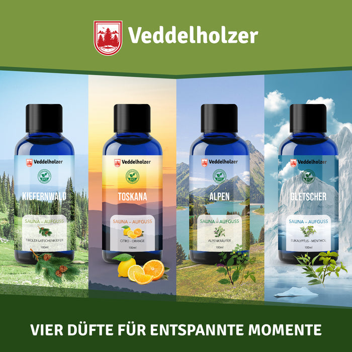 Die vier Sorten einzeln: Kiefernwald mit Latschenkiefer, Toskana mit Citro-Orange, Alpen mit Alpenkräutern, Gletscher mit Eukalyptus-Menthol