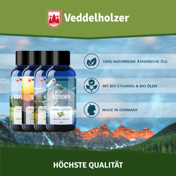 Flaschen vor Alpenpanorama mit drei Merkmalen: 100 % naturreine ätherische Öle, Bio-Ethanol und Bio-Öle, Made in Germany