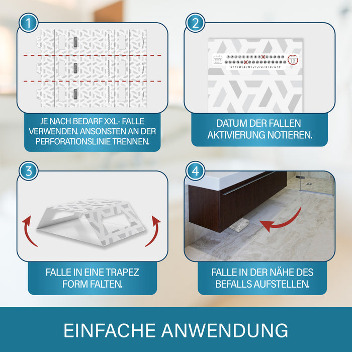 Vier Schritte: Falle an der Perforationslinie trennen, Aktivierungsdatum notieren, zum Trapez falten, nahe dem Befall aufstellen