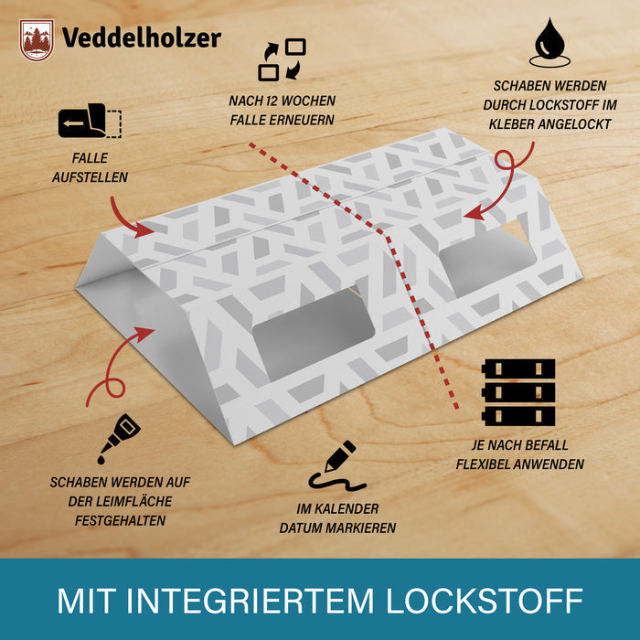 Aufgestellte Doppelfalle auf Holzboden mit Hinweisen: Lockstoff im Kleber lockt an, Tiere bleiben haften, nach 12 Wochen erneuern