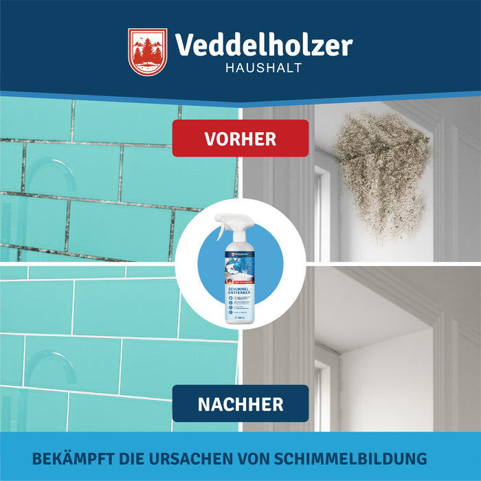 Fliesenfugen und Zimmerecke im Vergleich: oben schwarzer Schimmelbefall, unten sauber, dazwischen die Sprühflasche im Kreis