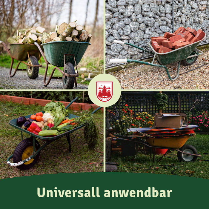 Vier beladene Schubkarren: Brennholz, rote Ziegelsteine, frisches Gemüse und Gartenabfälle mit Werkzeug