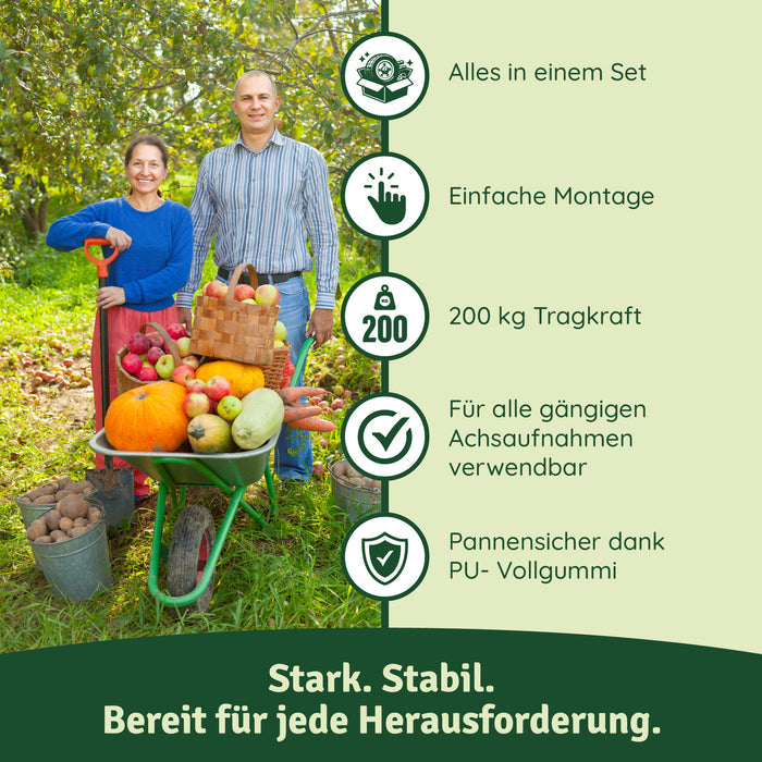Paar im Garten hinter einer Schubkarre mit Kürbis, Äpfeln und Gemüse, daneben Icons zu Montage und 200 kg Tragkraft