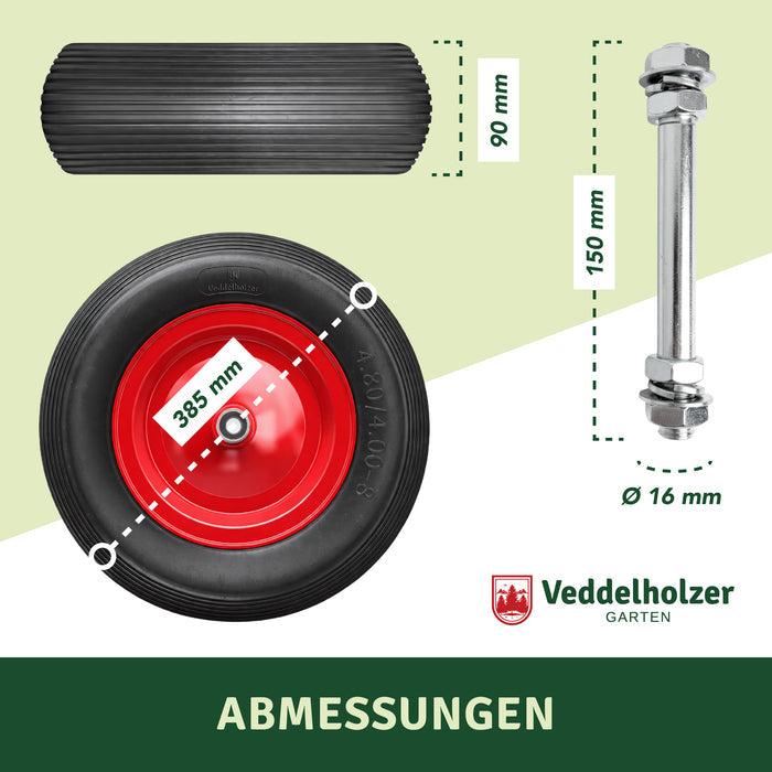 Maßangaben: Rad 385 mm Durchmesser und 90 mm breit, Achse 150 mm lang mit 16 mm Durchmesser