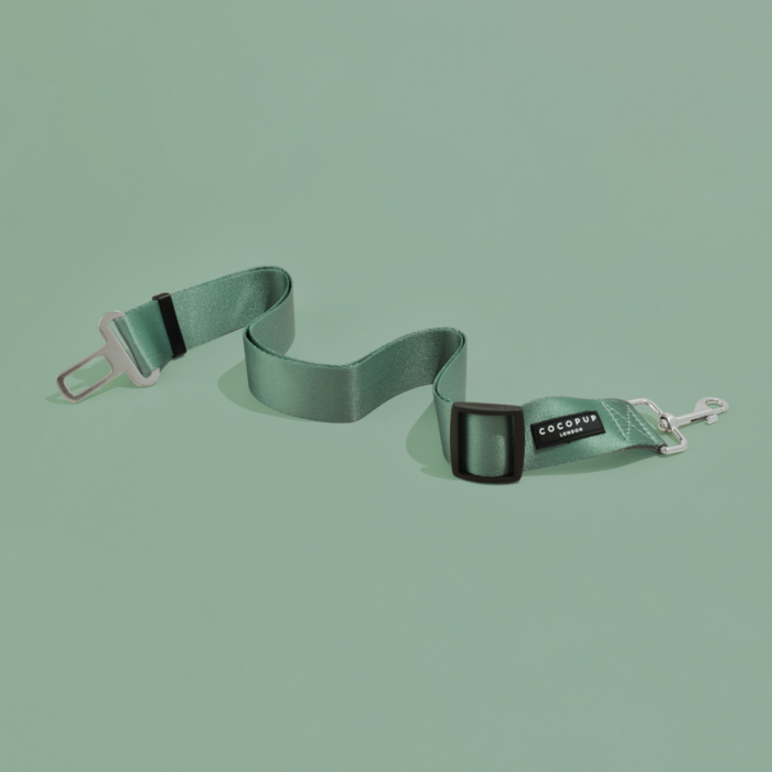 Khaki Cocopup London seat belt restraint with metal clips, displayed on a matching khaki background.