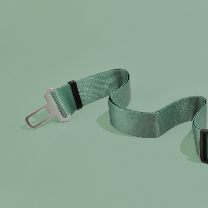 Khaki Cocopup London seat belt restraint unbuckled and laid flat on a matching khaki surface.