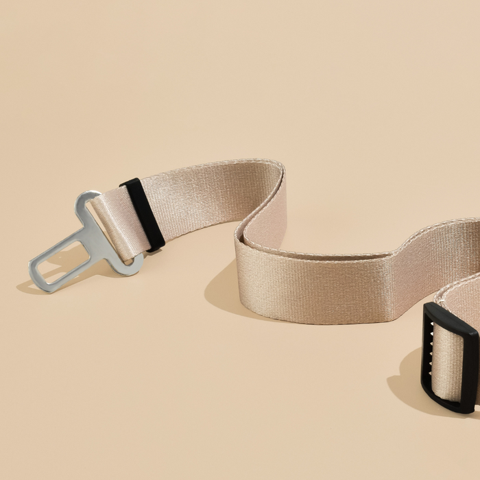 Plain nude adjustable dog seatbelt restraint with metal buckle, Cocopup London branding visible.