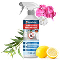500-ml-Sprühflasche mit blau-rotem Etikett und durchgestrichenem Silberfisch, daneben Geranienblüten, Eukalyptus und Zitronen