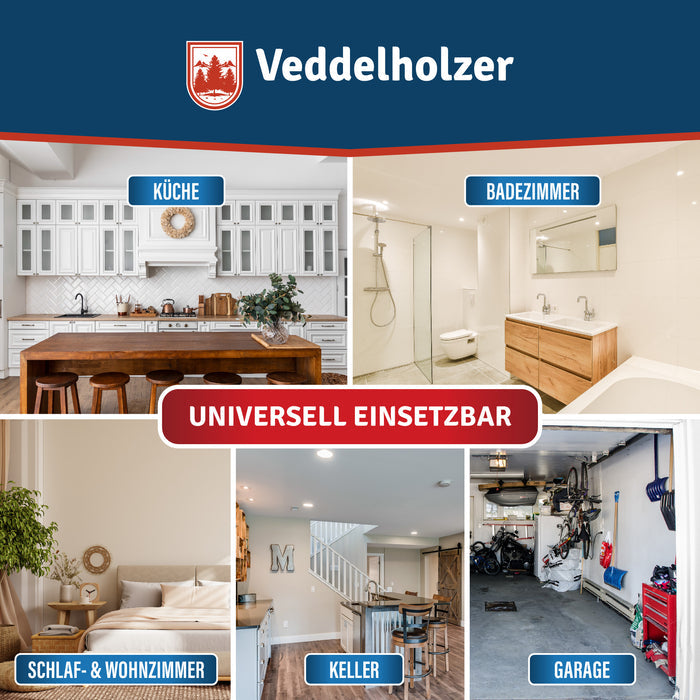 Fünf Räume als Collage: Küche, Badezimmer, Schlaf- und Wohnzimmer, Keller sowie Garage