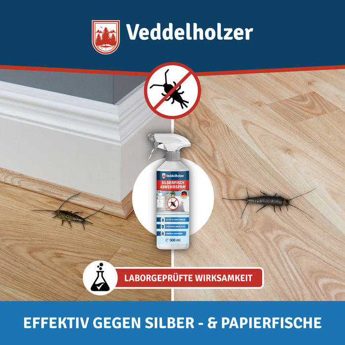 Zwei Silberfische krabbeln auf Holzdielen an der weißen Fußleiste, dazwischen die Flasche und ein Verbotssymbol
