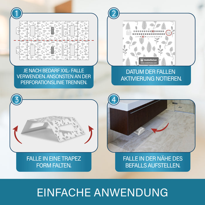 Vier Schritte: XXL-Falle an der Perforation teilen, Datum notieren, zum Trapez falten, nahe dem Befall aufstellen