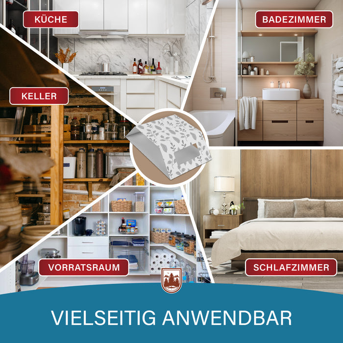 Fünf Räume als Collage: Küche, Badezimmer, Keller, Vorratsraum und Schlafzimmer, in der Mitte die aufgestellte Falle