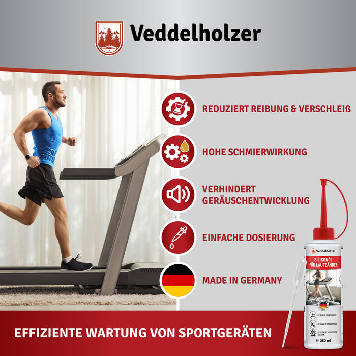 Mann joggt auf einem Laufband, daneben fünf Merkmale: reduziert Reibung & Verschleiß, hohe Schmierwirkung, verhindert Geräusche