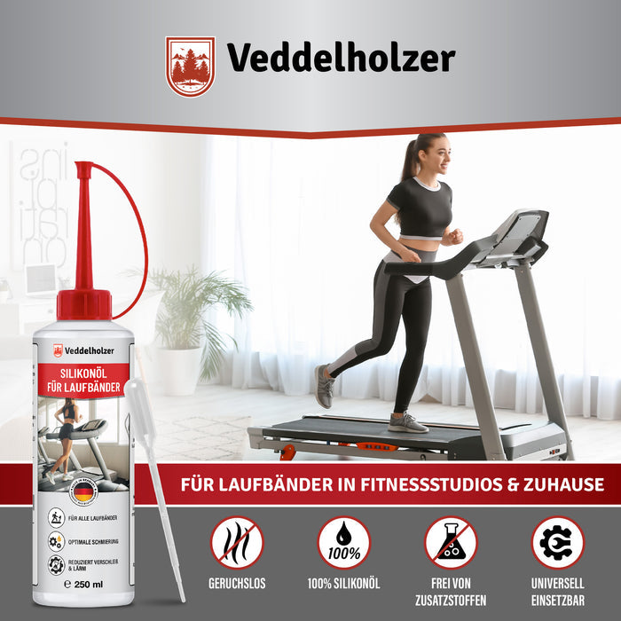 Frau läuft auf einem Laufband im Wohnzimmer – Hinweise „geruchslos“, „100 % Silikonöl“, frei von Zusatzstoffen, universell