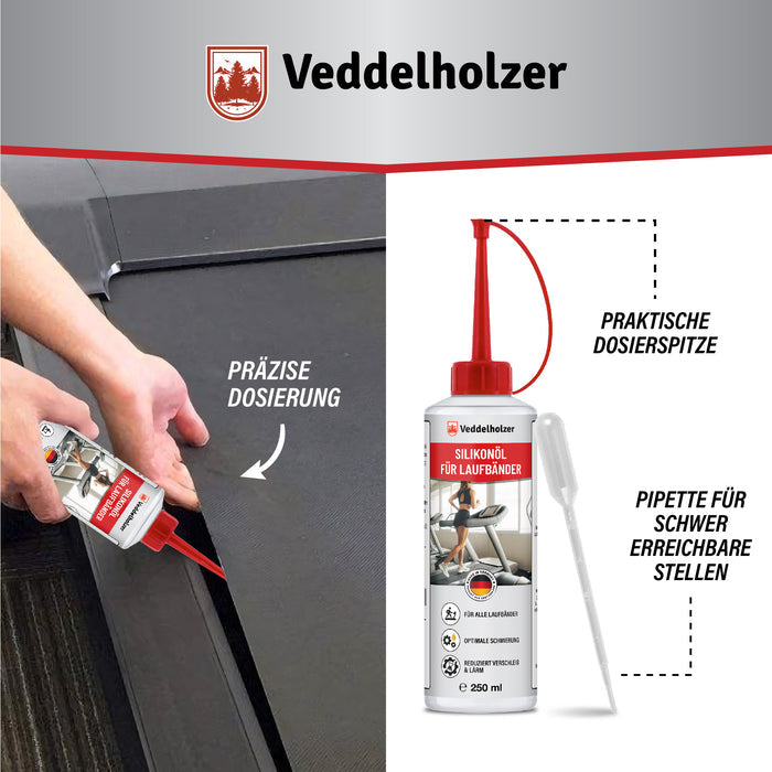 Hand trägt Öl mit der roten Dosierspitze unter der Lauffläche auf; rechts Flasche und Pipette für schwer erreichbare Stellen