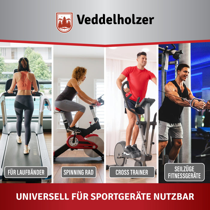 Vier Anwendungsfotos: Laufband, Spinning Rad, Cross Trainer und Seilzug-Fitnessgeräte – „Universell für Sportgeräte nutzbar“