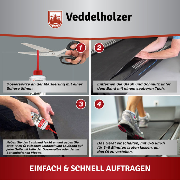 Vier Schritte: Spitze aufschneiden, Staub entfernen, je Seite 10 ml Öl auftragen, Gerät 3–5 Minuten bei 3–5 km/h laufen lassen