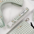 Green and white check print dog collar with embroidered geese design.