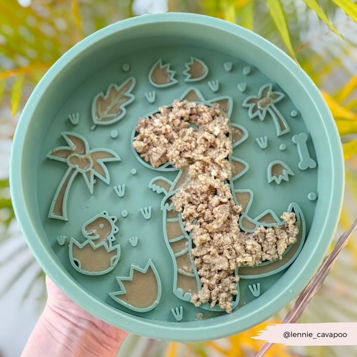 Cocopup London Dinopaws slow feeder dog bowl, blue with dino pattern, outdoors and filled with ground food.