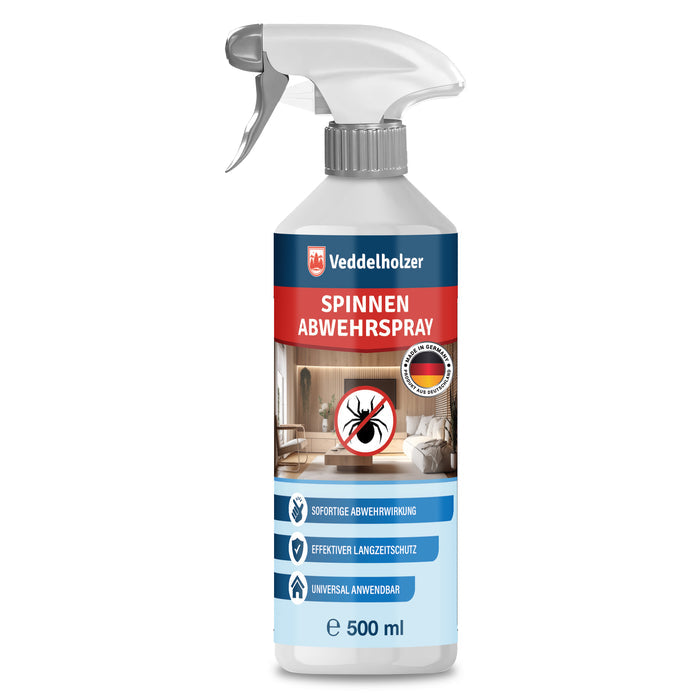 Freigestellte 500-ml-Sprühflasche mit weißem Sprühkopf und blau-rotem Etikett mit durchgestrichener Spinne
