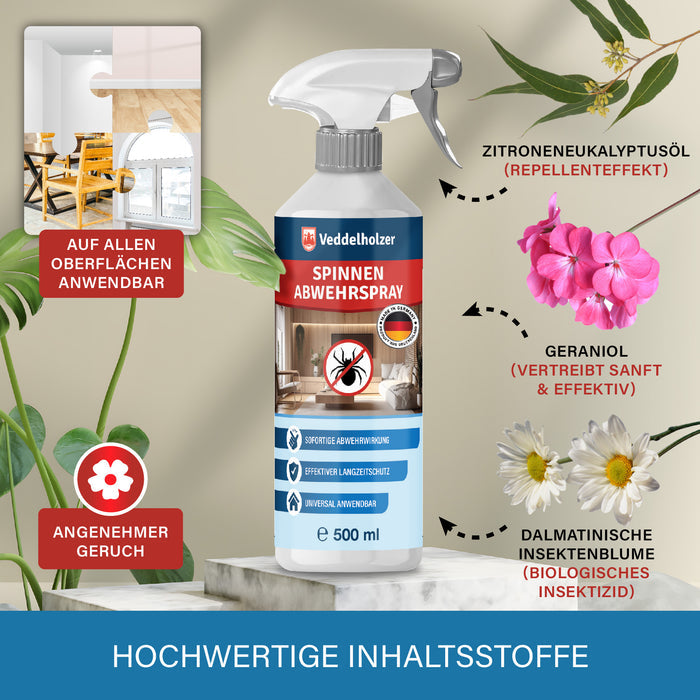 Flasche zwischen Pflanzen mit den Inhaltsstoffen Zitroneneukalyptusöl, Geraniol und Dalmatinische Insektenblume