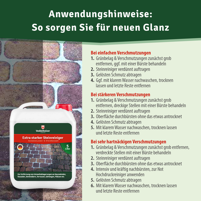 Anleitung vor Klinkerwand: bei leichtem, stärkerem und hartnäckigem Schmutz verdünnt auftragen, durchbürsten, abtragen